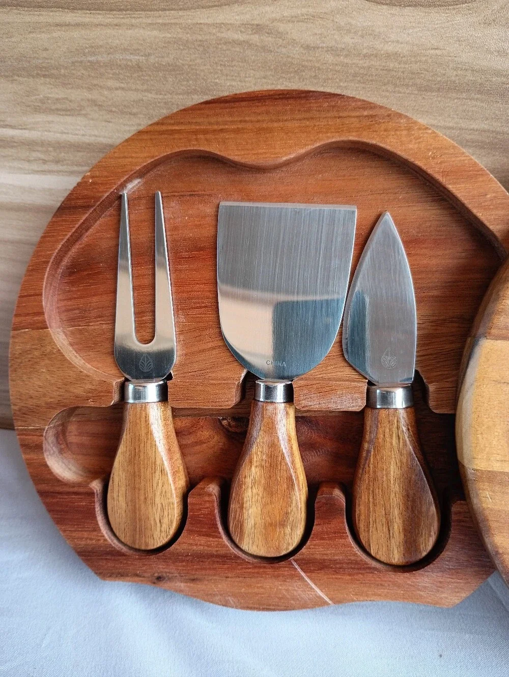 Wooden Round Cheese Board Set with Knife Trio - Natural Brown